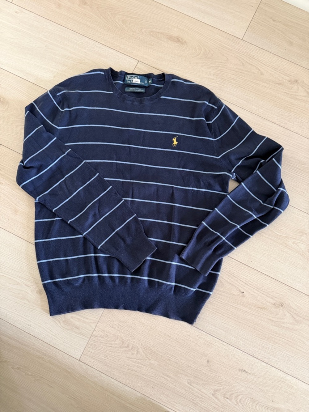 Polo by Ralph Lauren Navy Crewneck Sweater with Light Blue Stripes